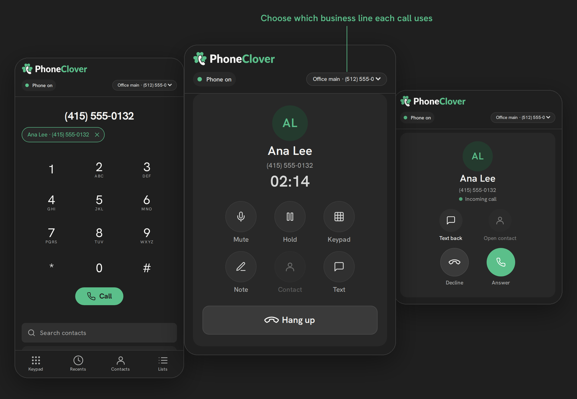 Three Phone Clover phone screens: the dialer with Ana Lee's number ready to call, a call in progress with Ana Lee at 02:14, and an incoming call from Ana Lee, each with the Office main line picker at the top.