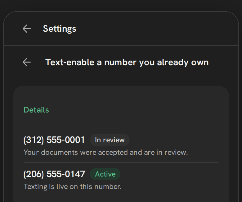 Text-enable a number you already own: (312) 555-0001 In review, and (206) 555-0147 Active, with the note Texting is live on this number.