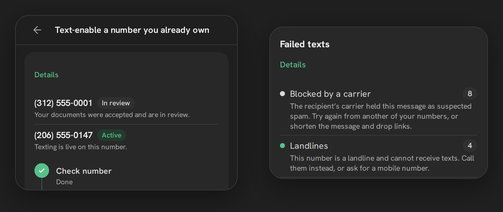 Two Phone Clover settings screens: Text-enable a number you already own, with one number In review and one Active, and the Failed texts card explaining Blocked by a carrier and Landlines in plain English.