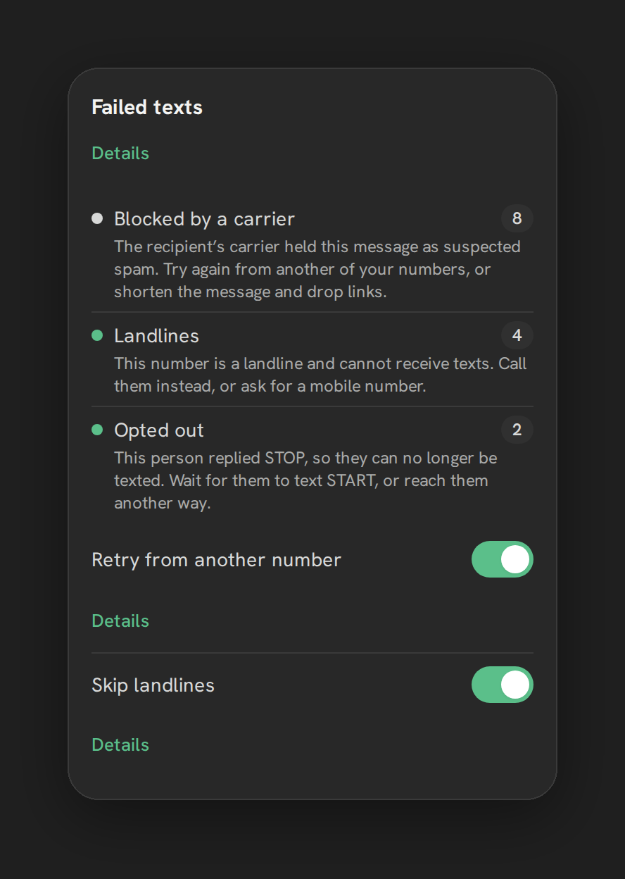 The Failed texts card in Phone Clover settings, listing recent failed messages with their reason category.