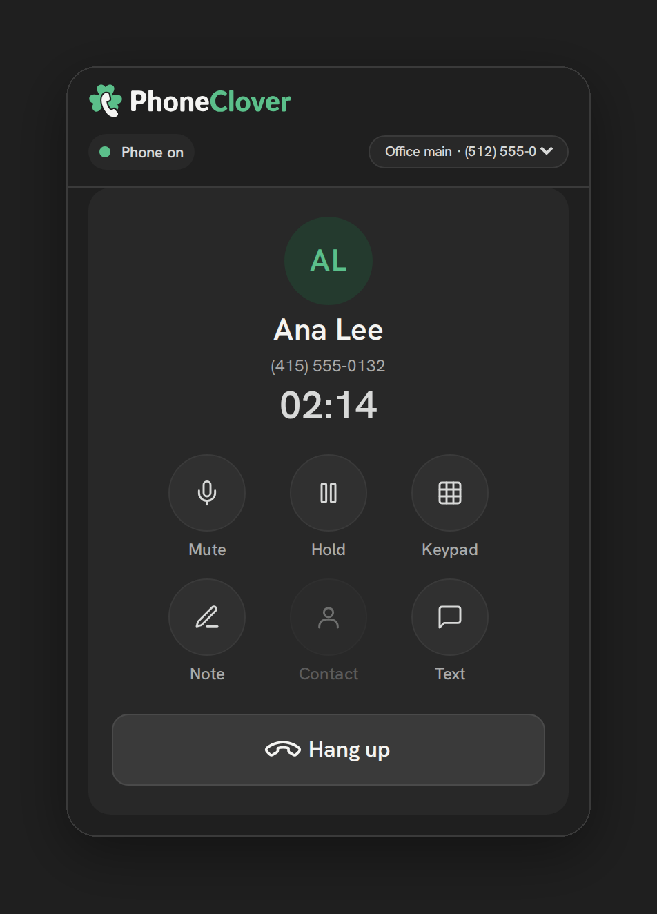 The Phone Clover in-call screen showing mute, hold, keypad, note, contact, and text buttons.