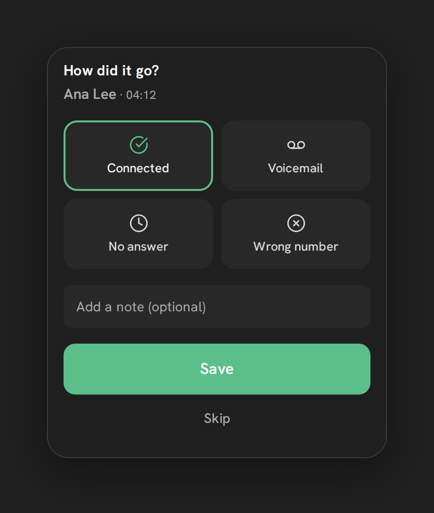 The How did it go? card after a call with Jane Doe: Connected, Voicemail, No answer, Wrong number, a note field and Save.